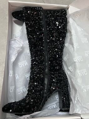 Steve Madden Black Sequin Knee-High Block Heel Boots